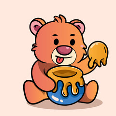 Cute Bear Eat Sweet Honey Cartoon Illustration. Animal Nature Icon Concept Isolated Flat Cartoon Style for coloring page or education kids