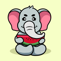 Cute Elephant Eat watermelon Cartoon Illustration. Animal Nature Icon Concept Isolated Flat Cartoon Style for coloring page or education kids