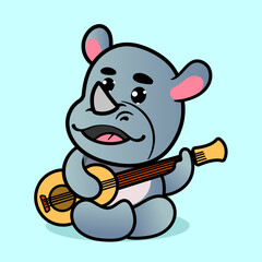 Cute Rhino Playing Guitar Cartoon Illustration. Animal Nature Icon Concept Isolated Flat Cartoon Style for coloring page or education kids