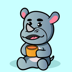 Cute Rhino Drinking tea Cartoon Illustration. Animal Nature Icon Concept Isolated Flat Cartoon Style for coloring page or education kids