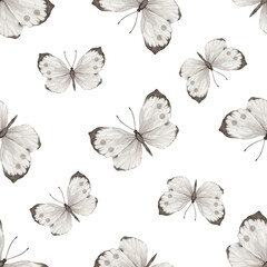 Seamless pattern with butterflies with open wings chaotically arranged on white background. Watercolor illustration.