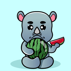 Cute Rhino Eat watermelon Cartoon Illustration. Animal Nature Icon Concept Isolated Flat Cartoon Style for coloring page or education kids