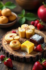 Rustic wooden table with assorted homemade sweets , pastries, photography, muffins