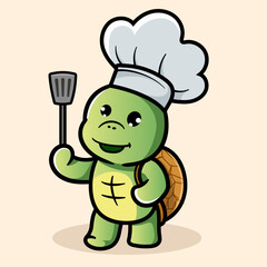 Cute Turtle Chef Holding Spatula Cartoon Illustration. Animal Nature Icon Concept Isolated Flat Cartoon Style for coloring page or education kids