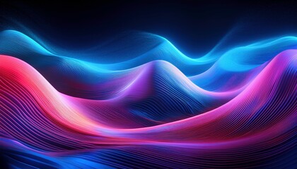 Fototapeta premium Abstract digital landscape with flowing, undulating waves of blue, purple, and orange particles on a dark background. The image evokes a sense of depth and movement, with the particles appearing to