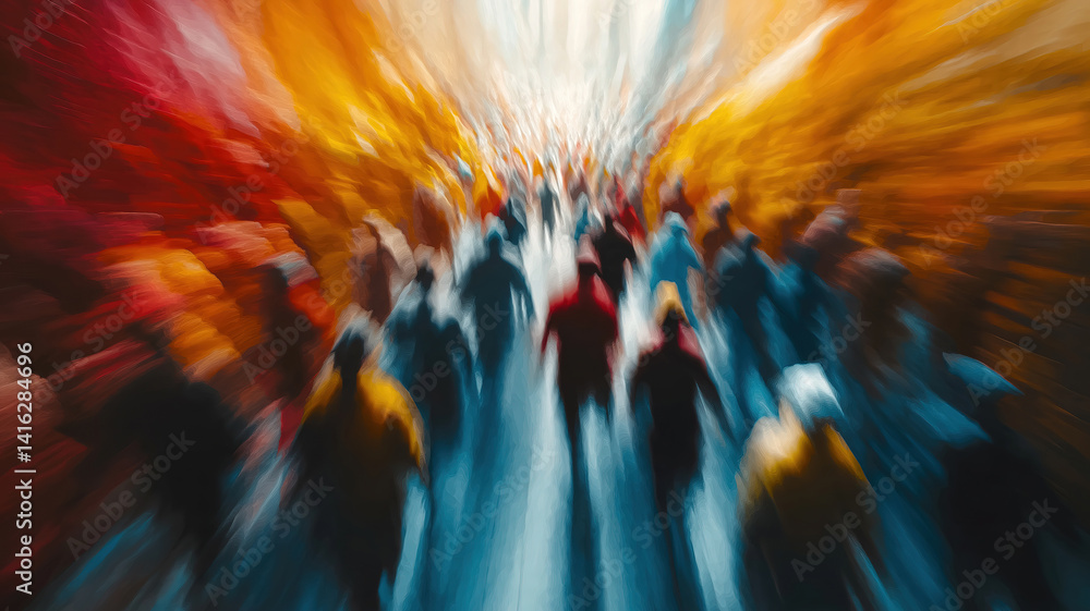 Poster fast-moving crowd captured with motion blur and long exposure effect showcasing energetic flow