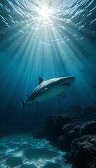 Obraz premium Majestic shark gracefully swims through sunlit ocean depths. AI Generated