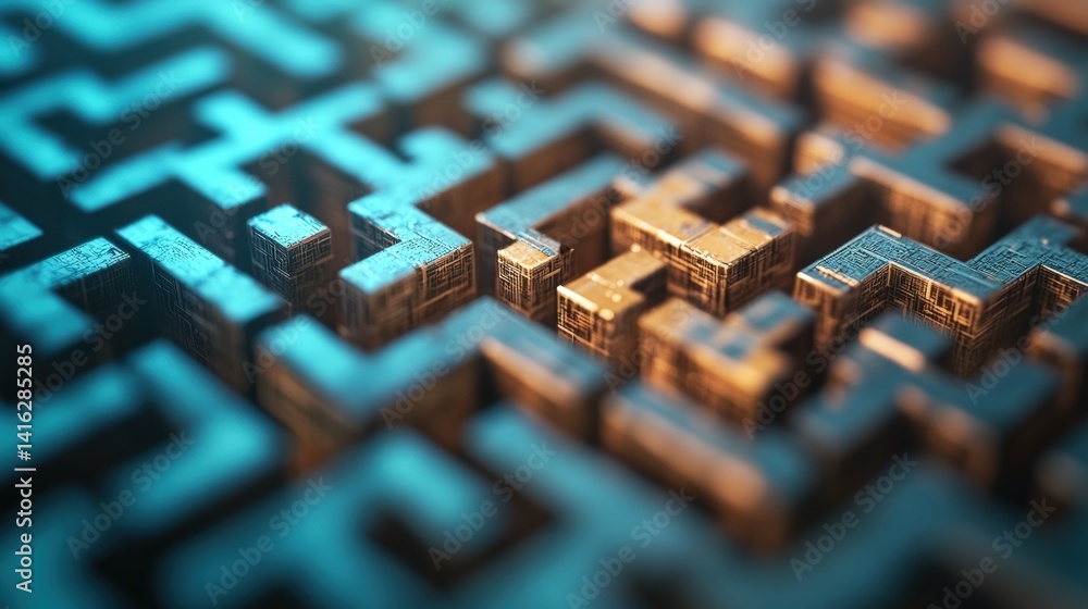 Poster close-up view of a complex three-dimensional bronze and teal maze constructed from metallic textured