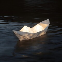 Obraz premium Illuminated paper boat on dark water