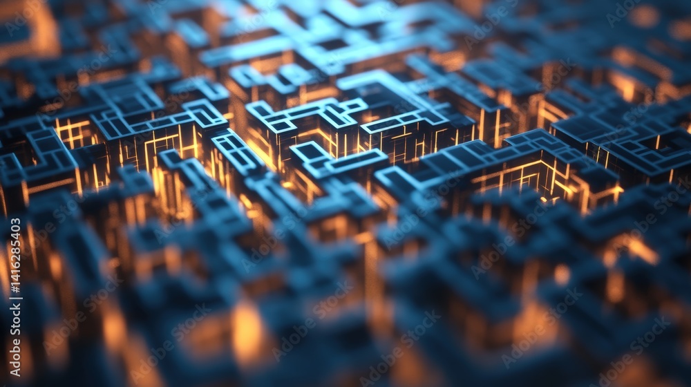 Poster abstract close-up of a futuristic cityscape with complex glowing pathways and interconnected structu