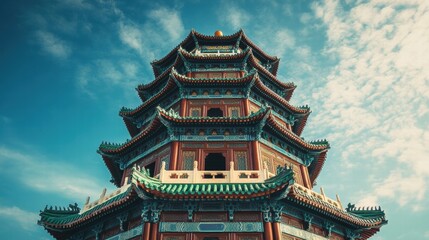 Majestic Chinese Pagoda  Ancient Architecture  Blue Sky