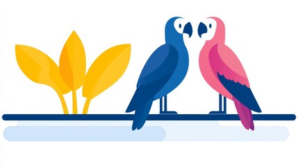 Fototapeta premium Colorful avian illustration showcasing two birds in blue and pink hues perched on a line next to a vibrant yellow plant graphic design element
