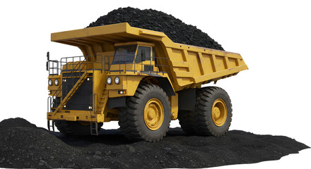 Fototapeta premium A Yellow Heavy Duty Mining Truck Carrying a Load of Coal in White Background