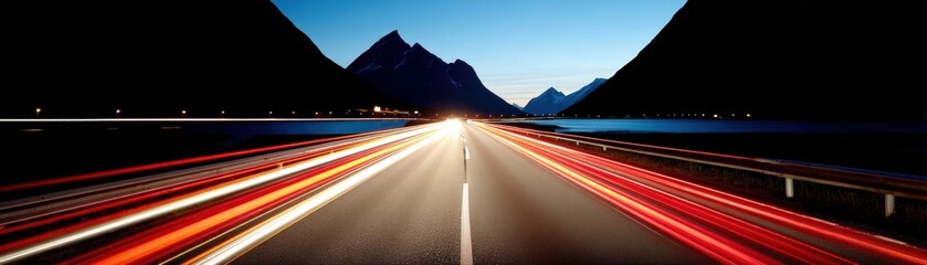 A long exposure shot captures light trails on a highway, surrounded by mountains reflecting a twilight sky.