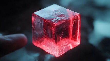 Floating Red Crystal Cube Hovering Over Hand