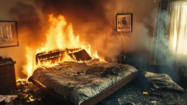 Bedroom engulfed in flames, smoke billowing, chaos and destruction evident