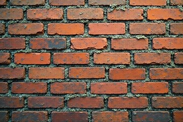 Fototapeta premium Weathered brick walls with grey moss and lichen growth, brown, weathering