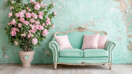 Pastel green minimalist bedroom furniture set soft lighting calming interior design