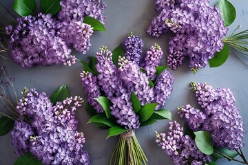 Fototapeta premium Serene Spring Decor with Overhead Flatlay of Soft Purple Lilac Bouquets