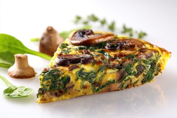 Appetizing mushroom spinach quiche slice against a crisp white surface food concept vegetarian diet delight