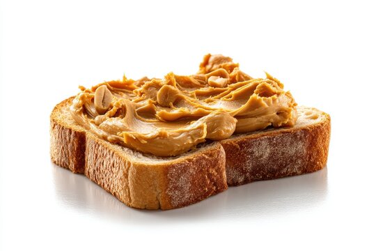 Delicious peanut butter toast on white blackground  tempting studio shot captures indulgent breakfast with peanut topping fresh healthy bread and vibrant lighting - Powered by Adobe