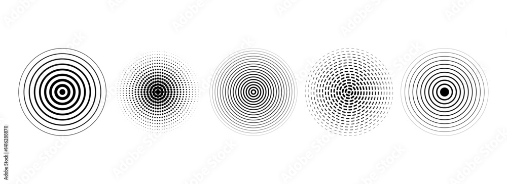 Poster Black concentric circle set. Dotted and dashed sound wave ring collection. Epicenter, target, radar, sonar icon concept. Radial radio signal or vibration elements. Linear halftone symbols. Vector