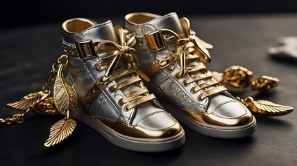Gold and silver sneaker charms shaped like tiny wings, attached to a stylish sneaker, luxury fashion ad, sharp focus