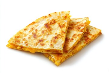 Fototapeta premium Stack of warm quesadilla slices filled with cheese and toppings, a popular savory dish on white background