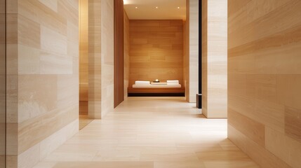 Fototapeta premium Serene Interior of a Modern Spa with Warm Wood Elements and Relaxing Atmosphere for Wellness and Rejuvenation
