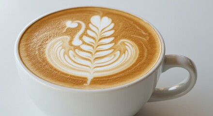 Creamy Latte Art in White Cup - A delightful latte with swan design, symbolizing elegance, warmth, morning ritual, relaxation, and artistry