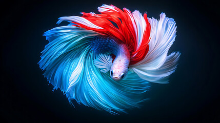 Fototapeta premium The moving moment beautiful siamese betta fish or dumbo betta splendens fighting fish in thailand on isolated black background. Thailand called Pla-kad or big ear fish. Colorful siamese fighting fish.