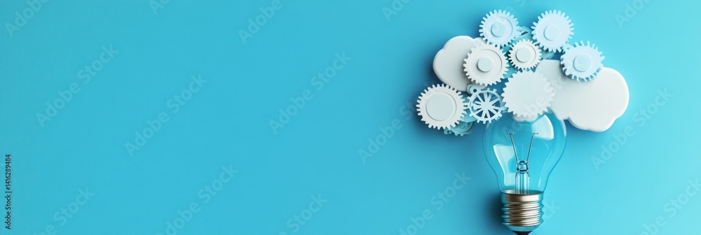 Poster creative lightbulb with gears and clouds on blue background visualizing innovation technology and br