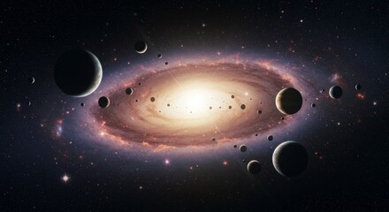 Naklejka premium Dance of Planets Around a Spiral Galaxy - Celestial ballet, cosmic waltz, planetary symphony, galactic swirl, universe's dance. A captivating of planets orbiting a spiral galaxy