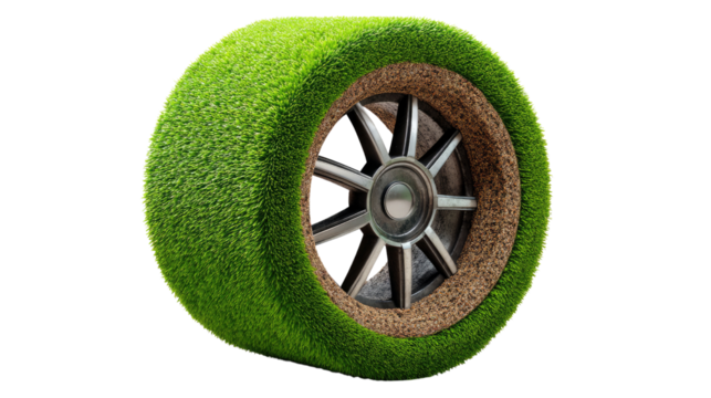 Eco-friendly wheel: A visually striking conceptual image of an eco-friendly wheel with a grass surface, symbolizing sustainability, environmental responsibility, and green initiatives.