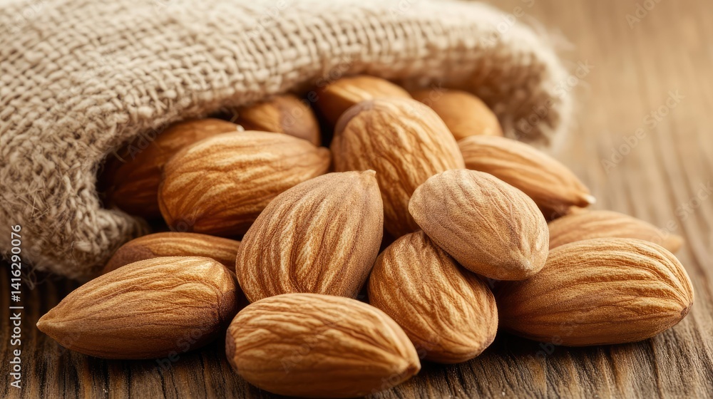 Poster freshly harvested almonds in a rustic burlap sack on a wooden table with natural texture highlightin