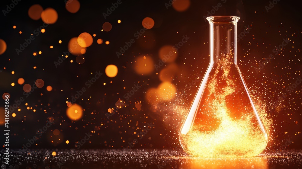 Poster glass laboratory flask with colorful fire and sparkle effect
