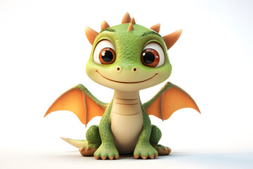Obraz premium Adorable cartoon dragon with tiny wings and big round eyes, sitting calmly and smiling on white background, perfect for fantasy themes, children illustrations, cute mythical creature designs.