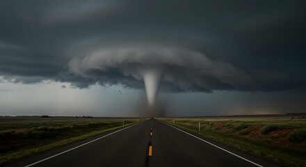 Tornado over highway with plains landscape.