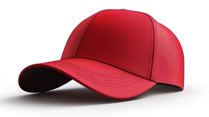Fototapeta premium A red baseball cap with a black brim. The hat is sitting on a white background