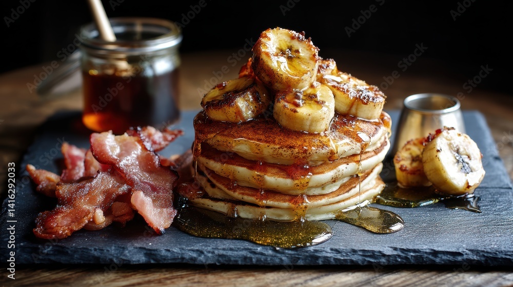 Poster appetizing stack of golden pancakes topped with caramelized bananas served alongside crispy bacon an