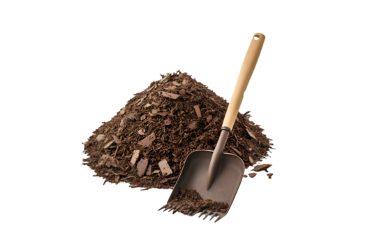 Brown mulch pile with small shovel Gardening tools landscaping supplies