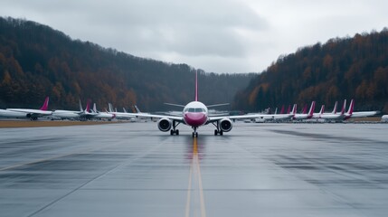 A line of parked airplanes on a wet runway, a backdrop of autumnal forest