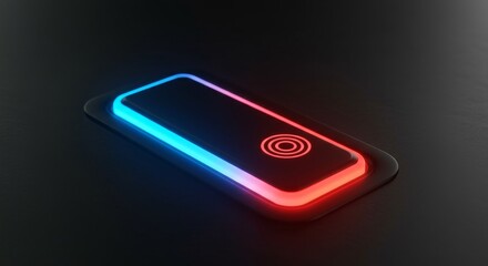 Glowing Rectangle Button with Fingerprint Sensor - Futuristic technology, interface, glowing button, fingerprint scanner, red and blue neon lights. Symbolizes innovation, security, access