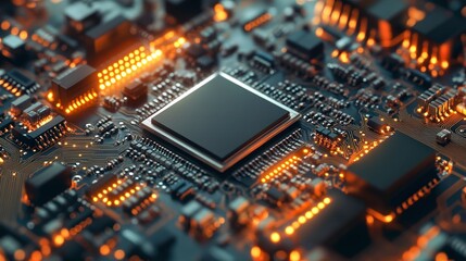 Obraz premium Close up view of a central processing unit (CPU) on a circuit board. The CPU is a dark square, surrounded by gold colored connectors and circuitry. The background is a dark, high tech aesthetic with