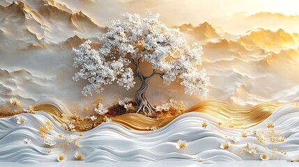 3D background with a white tree of life, flowers, and a golden wave, wall mural, wall art