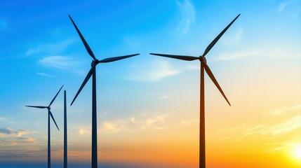 Obraz premium Wind turbines against a stunning sunset sky with vibrant colors