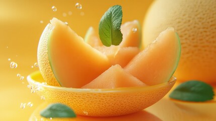 Fresh and Juicy Cantaloupe Slices with Mint Leaves on Vibrant Yellow Background, Perfect for Healthy Eating and Summer Refreshment Photography