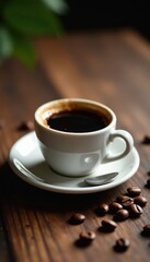 Fototapeta premium Espresso coffee cup on wooden table with scattered coffee beans , table, wood, decor