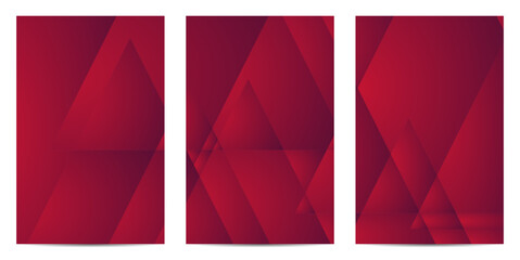 Obraz premium Three red vector images feature geometric designs with layered triangles and gradients. These graphics can be used as versatile background elements for various design projects.
