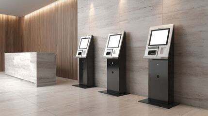 Three Modern Self-Service Kiosks Stand in a Bright Lobby with Wood and Stone Accents, Suggesting Information Access or Transactions